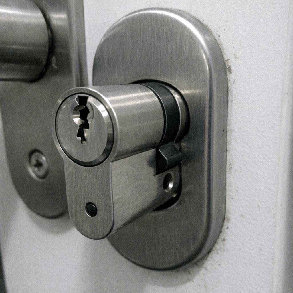 Detailaufnahme eines modernen und sicheren Profilzylinders an einer Haustür