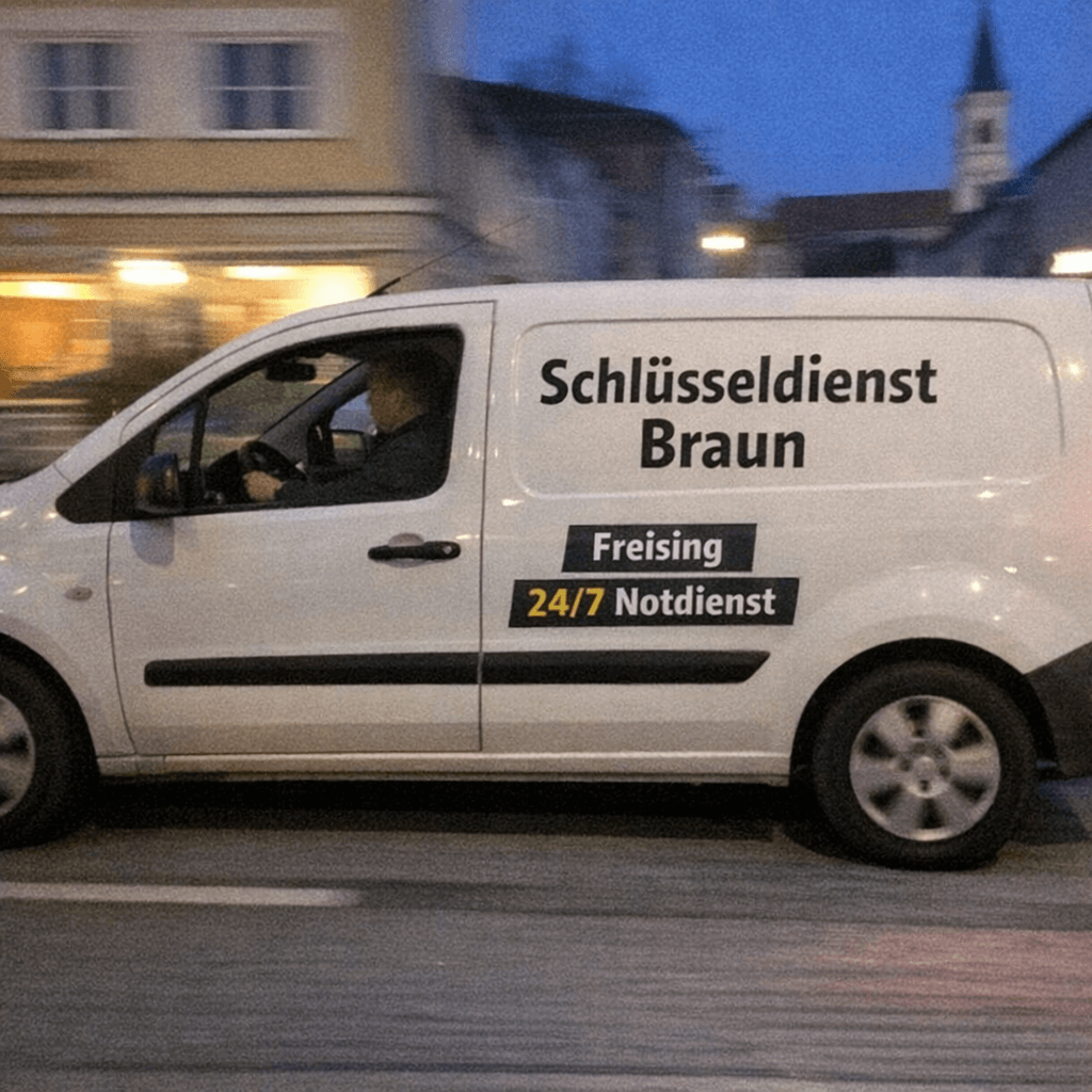 Einsatzfahrzeug des lokalen Technikers in den Straßen von Freising unterwegs